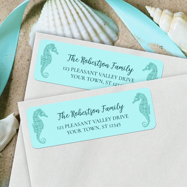 Christmas Seahorses Aqua Glitter Return Address (Creator Uploaded)