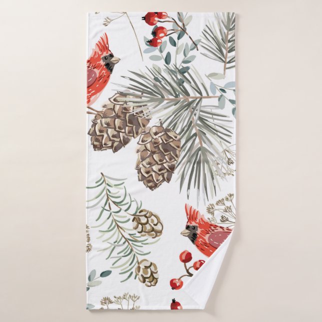 Christmas seamless pattern, cardinal birds, red be bath towel (Bath Towel)