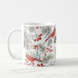 Christmas seamless pattern, cardinal birds, red be coffee mug