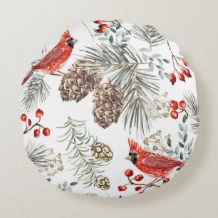 Christmas seamless pattern, cardinal birds, red be round pillow