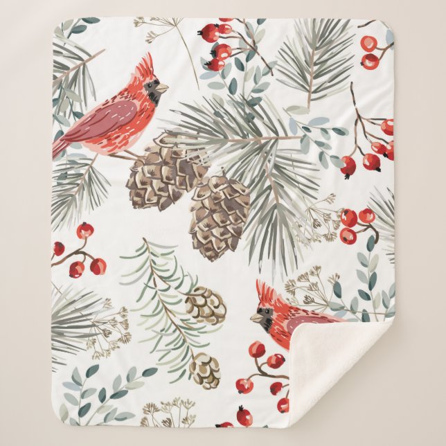 Christmas seamless pattern, cardinal birds, red be sherpa blanket (Front)
