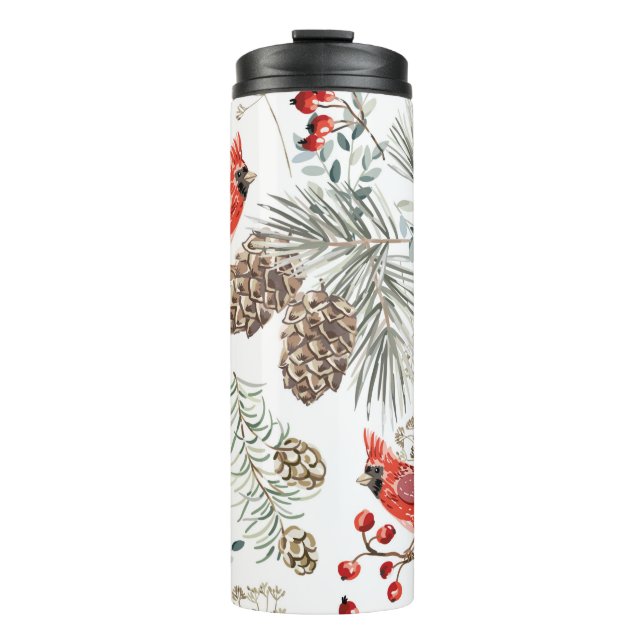 Christmas seamless pattern, cardinal birds, red be thermal tumbler (Front)