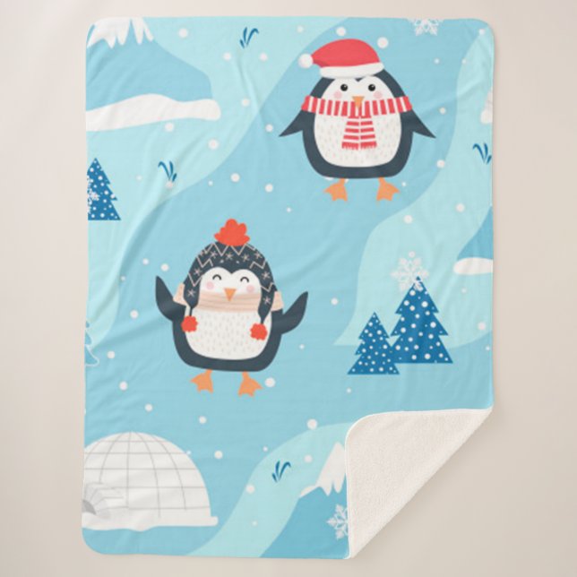 christmas seamless pattern with penguin sherpa blanket (Front)