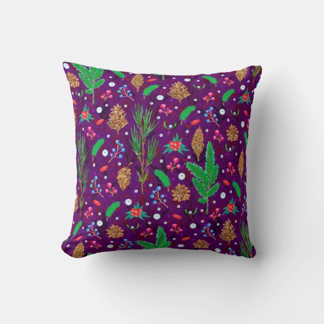 Christmas seamless pattern with pine cones, fir br throw pillow (Front)