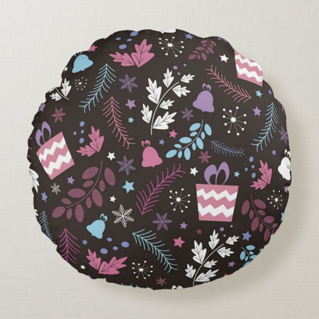 Christmas seamless pattern with tree,  snow,  gift round pillow (Front)