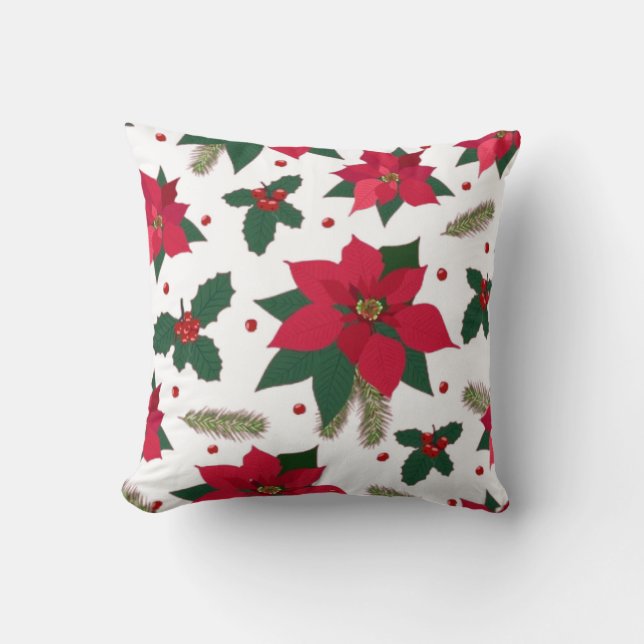 Christmas Seamless with Poinsettia Flowers Throw Pillow (Front)