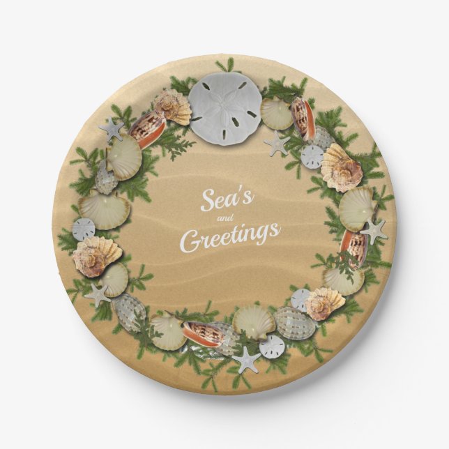 Christmas Sea's & Greetings Starfish Sand Dollar   Paper Plate (Front)
