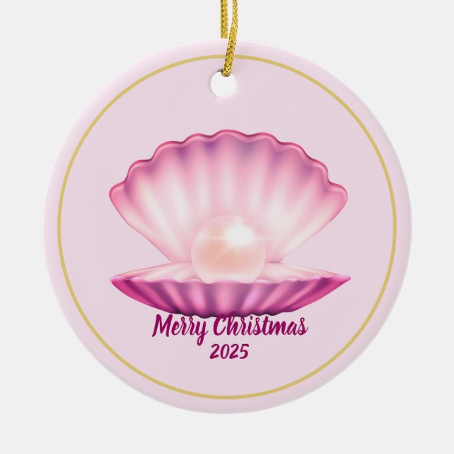 Christmas Seashell Pearl Ceramic Ornament (Front)