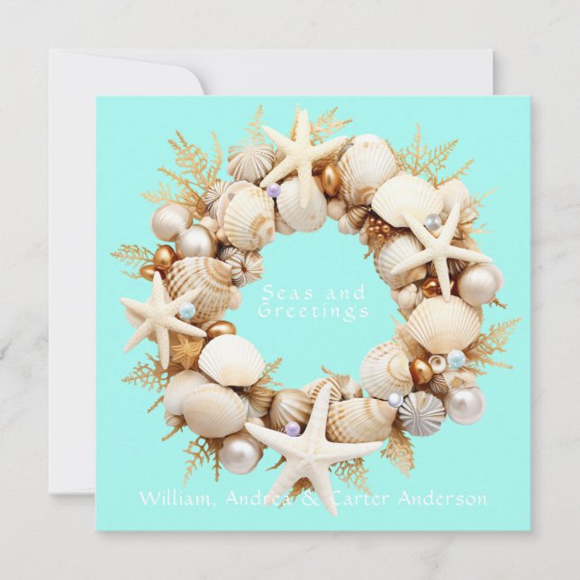 Christmas Seashells Starfish Pearls Bubbles Holiday Card (Front)