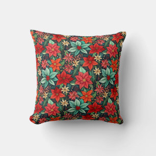 Christmas Season Boho Poinsettia Design Throw Pillow