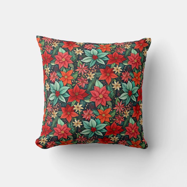 Christmas Season Boho Poinsettia Design Throw Pillow (Front)