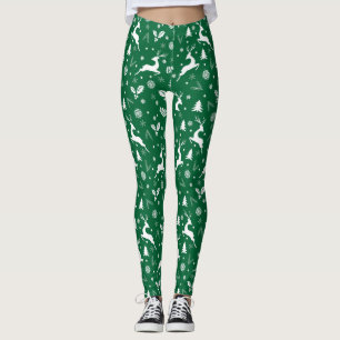 Christmas Season Deer Snowflakes Green Leggings