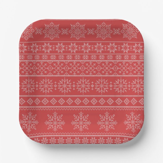 Christmas season nordic red white ugly sweater paper plate (Front)