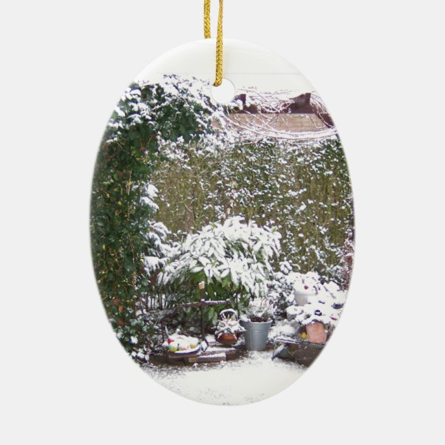 Christmas Season, Snow in the garden Ceramic Ornament (Back)