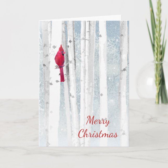 Christmas Season Winter Birch Trees Red Cardinal Holiday Card (Front)