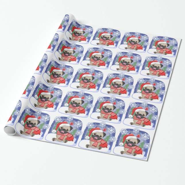 Christmas Season Winter Pug Wrapping Paper (Unrolled)
