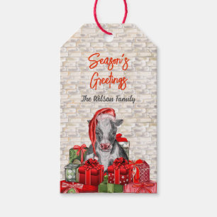 Christmas Season's Greetings Cow In Santa Hat Gift Tags