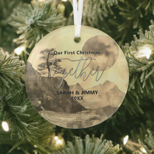 Christmas Sepia Mountain Adventure Outdoor Couple Glass Ornament