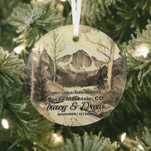 Christmas Sepia Rocky Mountain Colorado Married Glass Ornament