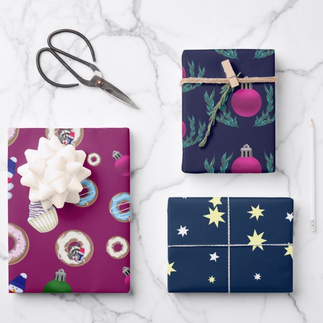 Christmas set Snowmen, Christmas balls, Doughnuts Wrapping Paper Sheet (Front)