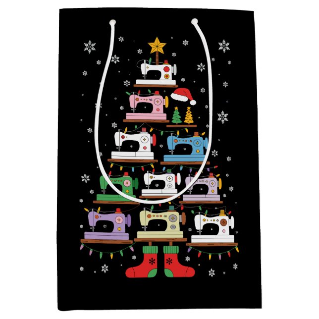 Christmas Sewing Machine Tree Lights Stockings Medium Gift Bag (Front)