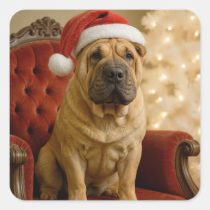Christmas Shar-Pei Dog With Santa Hat Square Sticker