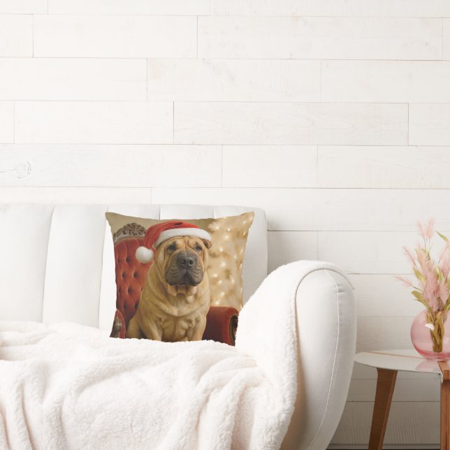 Christmas Shar-Pei Dog With Santa Hat Throw Pillow (Couch)