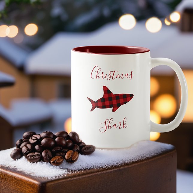 Christmas Shark Red Black Buffalo Plaid Holiday Two-Tone Coffee Mug (Get this fun mug for your holiday and make it a sharktacular Christmas.)