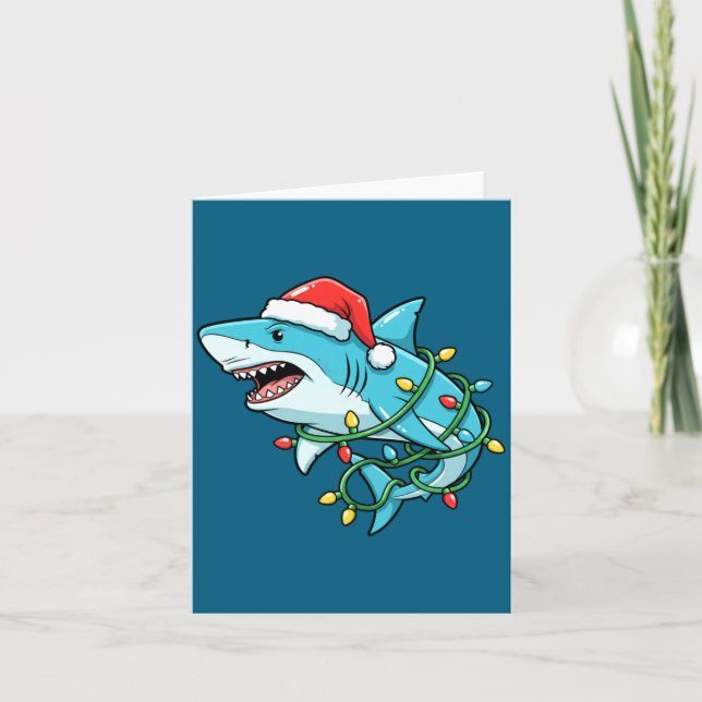 Christmas Shark Santa Hat Wrapped In Lights Funny  Card (Front)