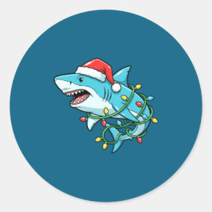 Christmas Shark Santa Hat Wrapped In Lights Funny  Classic Round Sticker