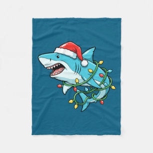 Christmas Shark Santa Hat Wrapped In Lights Funny  Fleece Blanket