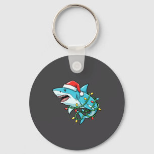 Christmas Shark Santa Hat Wrapped In Lights Funny  Keychain