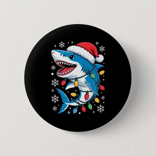Christmas Shark Santa Hat Wrapped Lights Holiday S 2 Inch Round Button (Front)