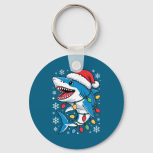 Christmas Shark Santa Hat Wrapped Lights Holiday S Keychain