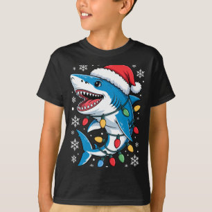 Christmas Shark Santa Hat Wrapped Lights Holiday S T-Shirt