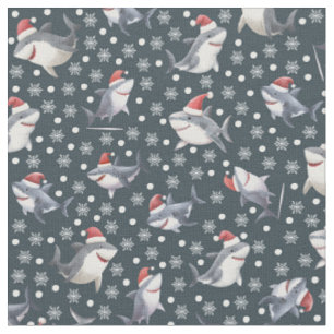 Christmas Sharks & Snowflakes on Dark Gray-Blue Fabric