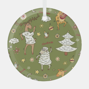 Christmas Sheep: Animal Vintage Illustration. Glass Ornament