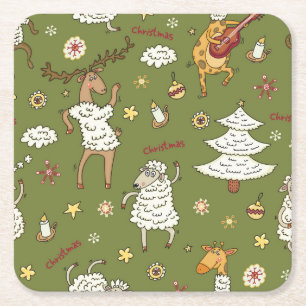 Christmas Sheep: Animal Vintage Illustration. Square Paper Coaster