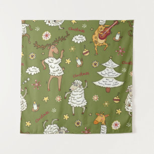 Christmas Sheep: Animal Vintage Illustration. Tapestry