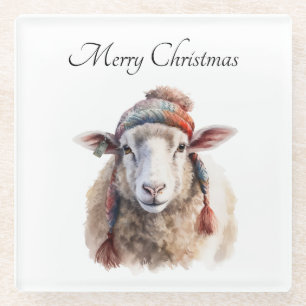 Christmas Sheep, customizable Glass Coaster