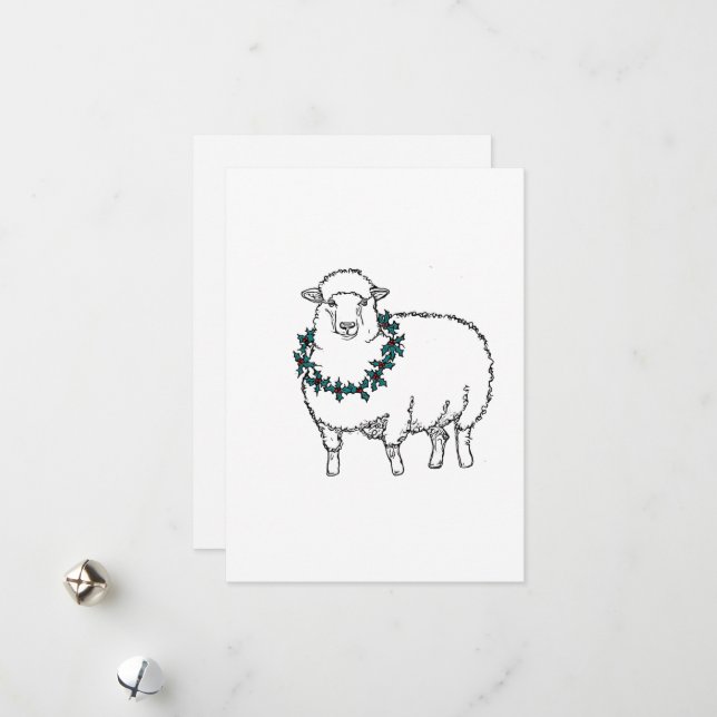Christmas Sheep with Holly Holiday Card (Front/Back In Situ)