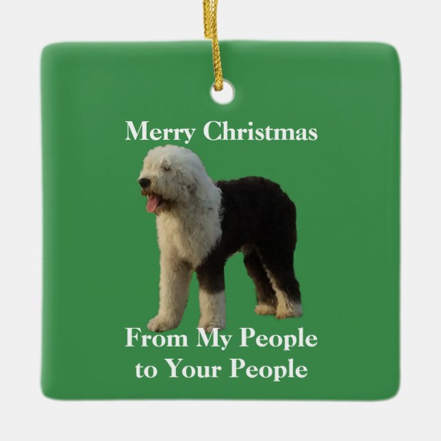 Christmas Sheepdog with Holiday Message Ceramic Ornament (Front)