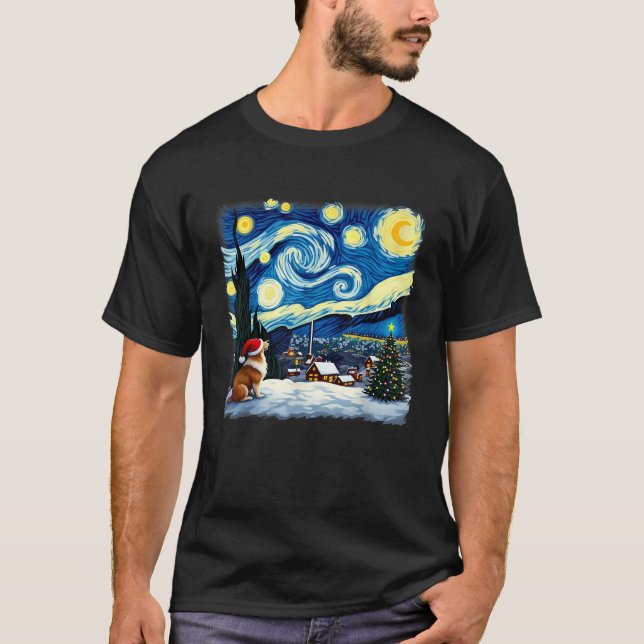 Christmas Sheltie Dog Starry Night  T-Shirt (Front)