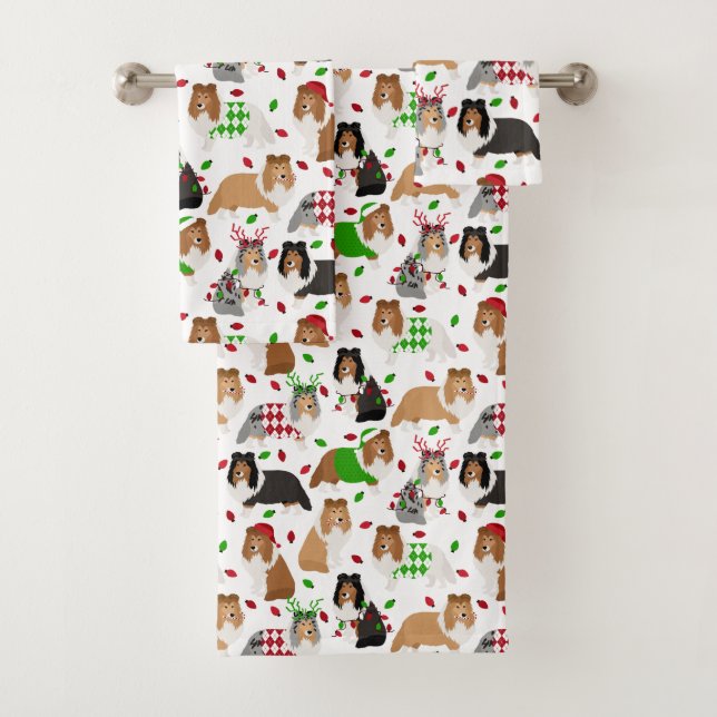 Christmas Sheltie Shetland Sheepdog Bath Towel Set (Insitu)