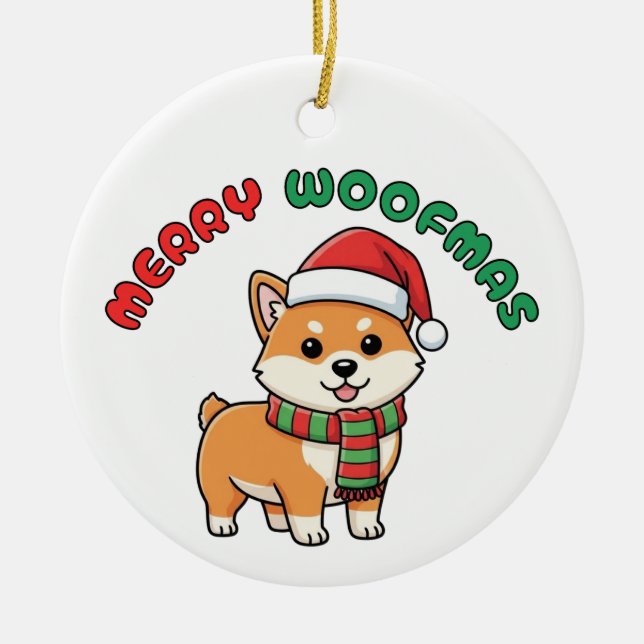 Christmas Shiba Inu Ornament: Merry Woofmas Ceramic Ornament (Front)