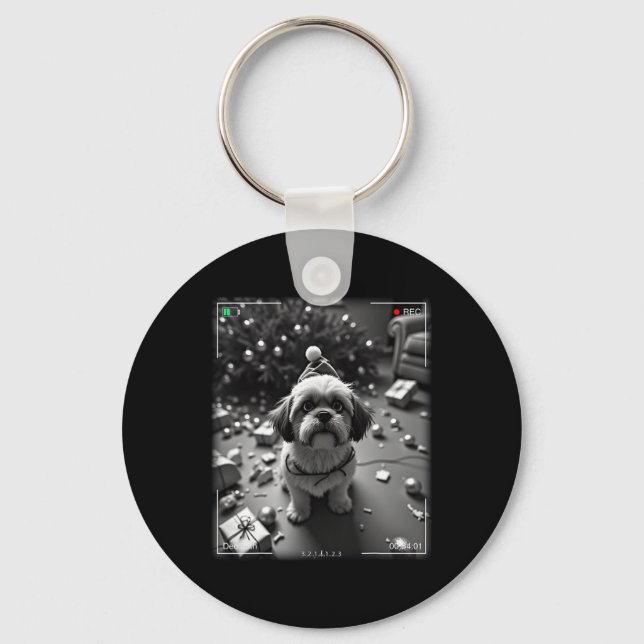 Christmas Shih Tzu Caught On Camera  Keychain (Front)