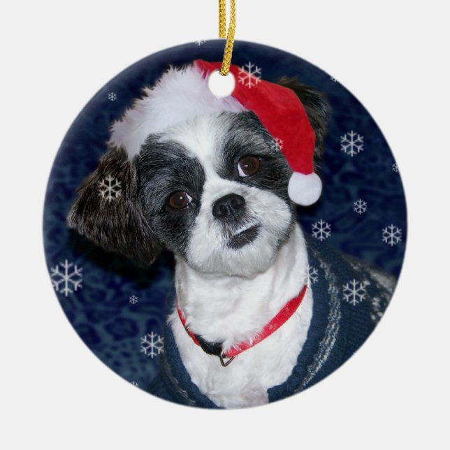 Christmas Shih Tzu Dog Ceramic Ornament (Front)