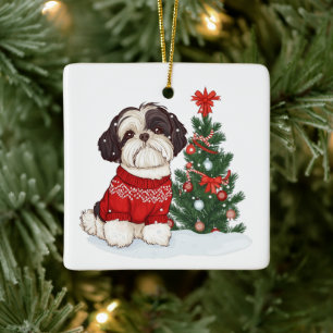 Christmas Shih Tzu Dog Ceramic Ornament