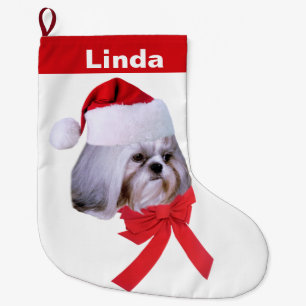 Christmas, Shih Tzu Dog, Santa Hat, Customizable Large Christmas Stocking