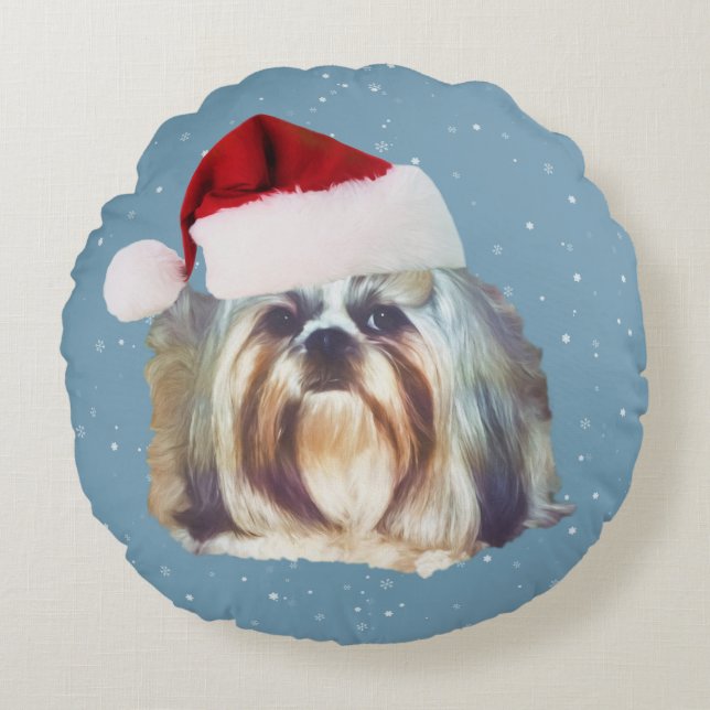 Christmas, Shih Tzu Dog, Santa Hat Round Pillow (Front)
